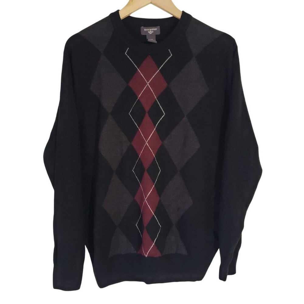 Dockers Mens Black Argyle Sweater‎ Size L Preppy Grandpacore Academia Classic